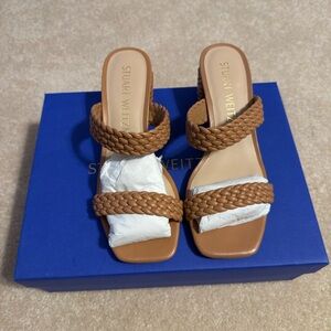 STUART WEITZMAN Tan Aleena Waikiki 50 Woven Leather Block Slide 7.5 (37.5) $495